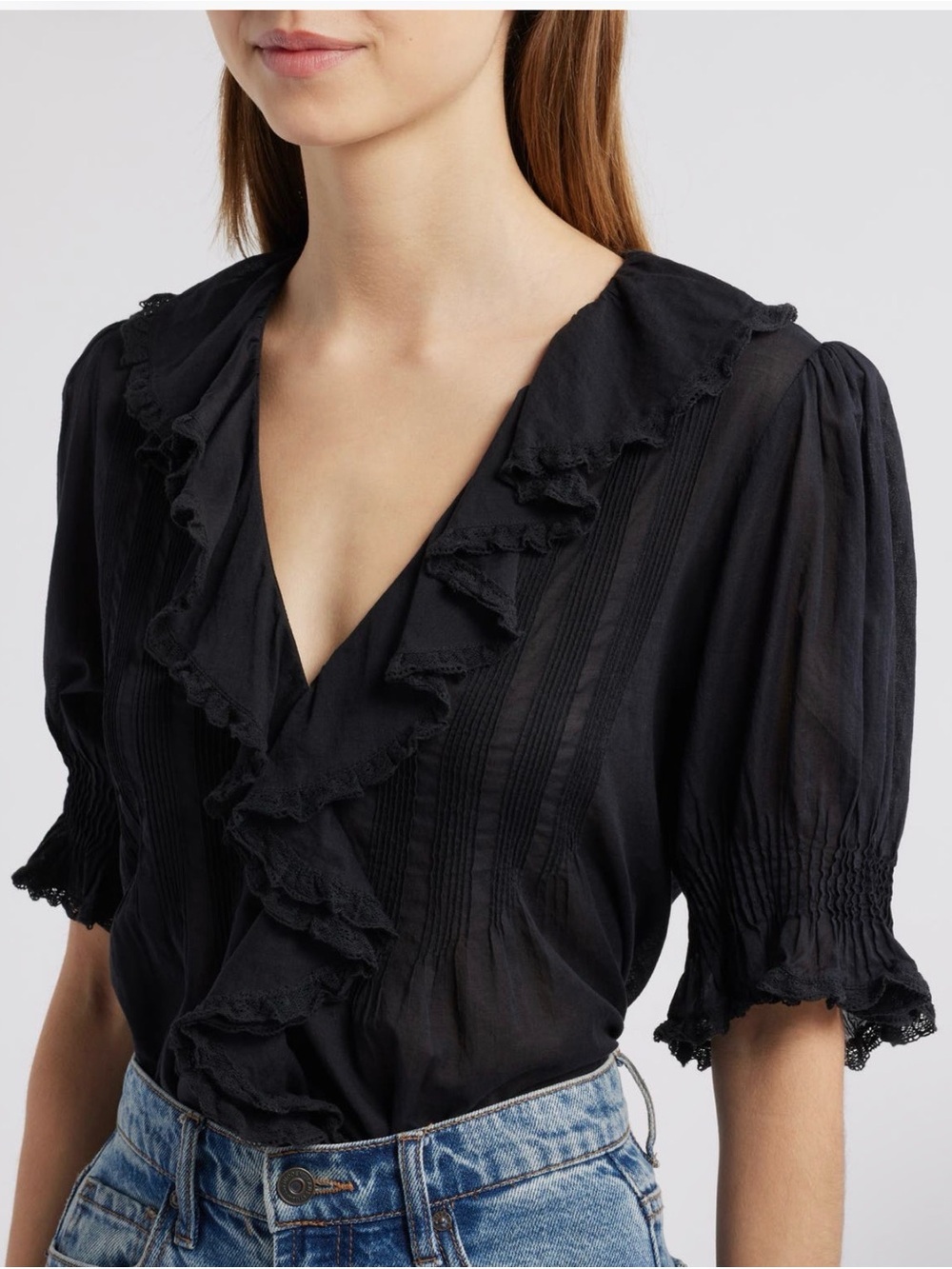 Doen Henri Black Ruffle lace vneck blouse shirt Top organic cotton voile puffed